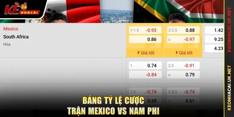 Bảng tỷ lệ cược trận Mexico vs Nam Phi